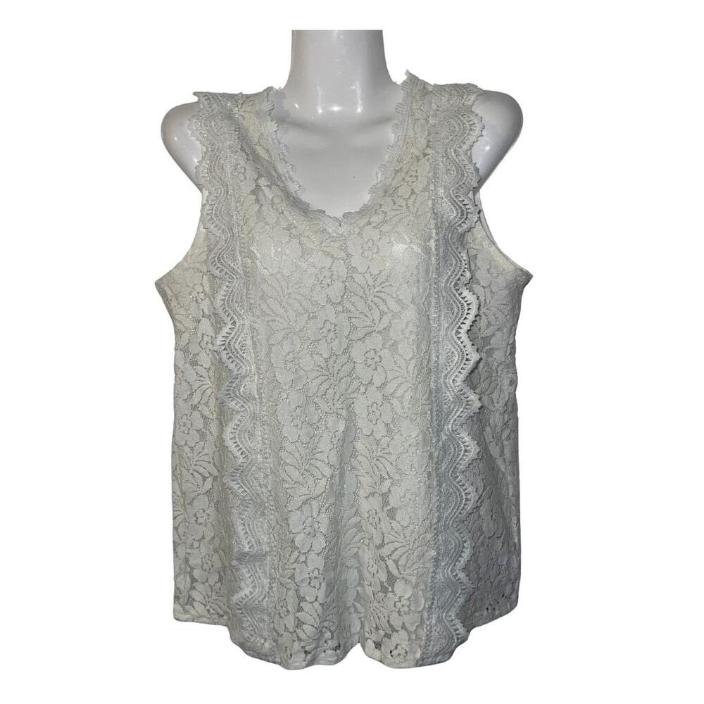 White Floral Lace Sleeveless V-Neck Top Blouse Size Large Summer Boho Chic